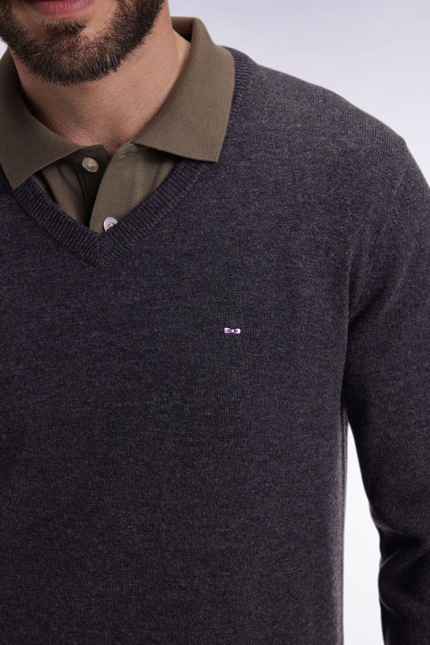 Dark grey wool and cotton V-neck sweater