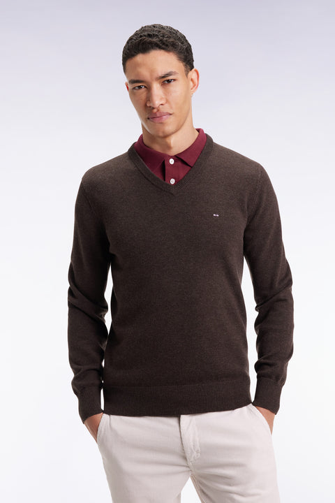 Dark brown wool and cotton V-neck sweater - Image 1