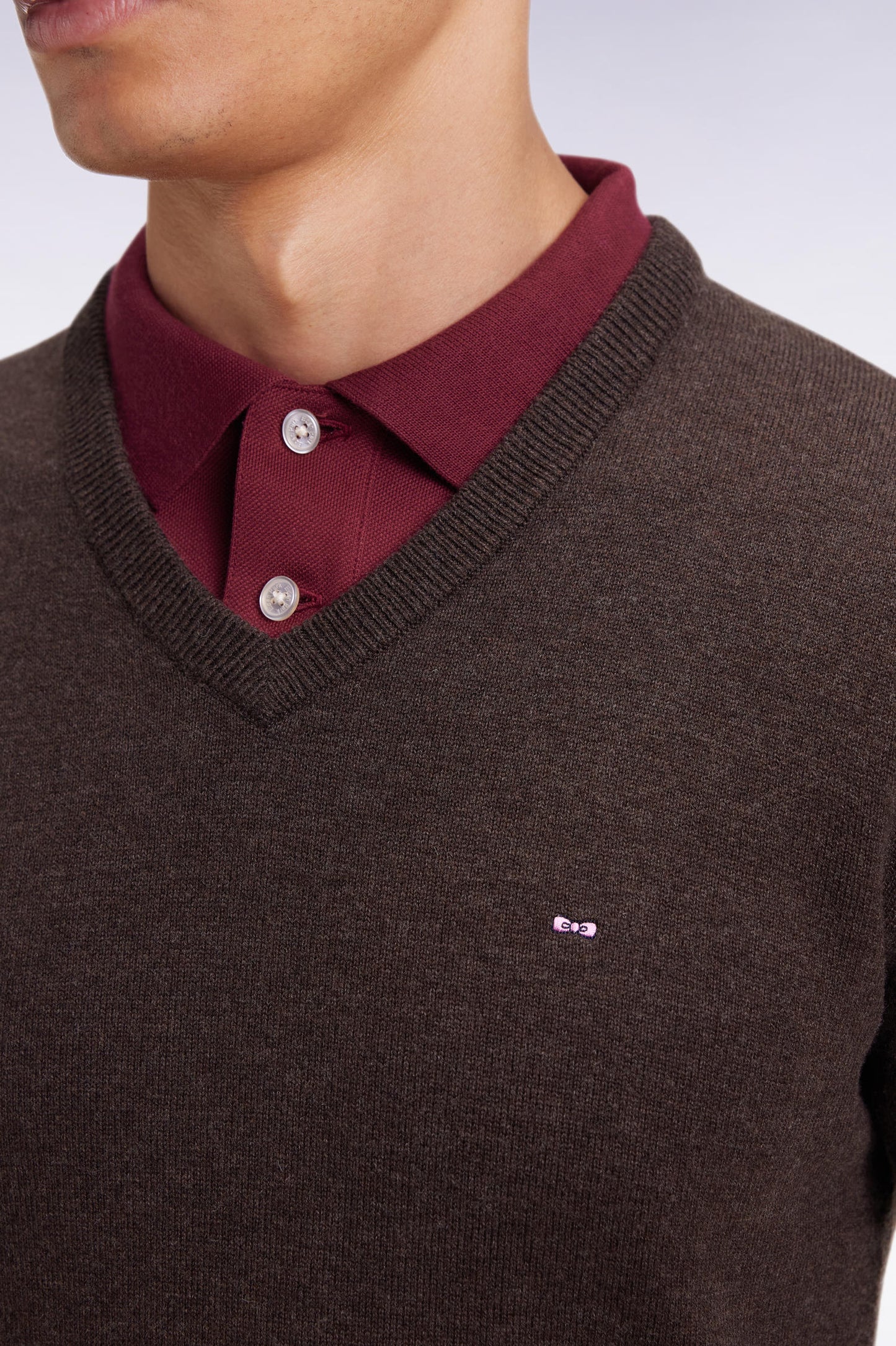 Dark brown wool and cotton V-neck sweater