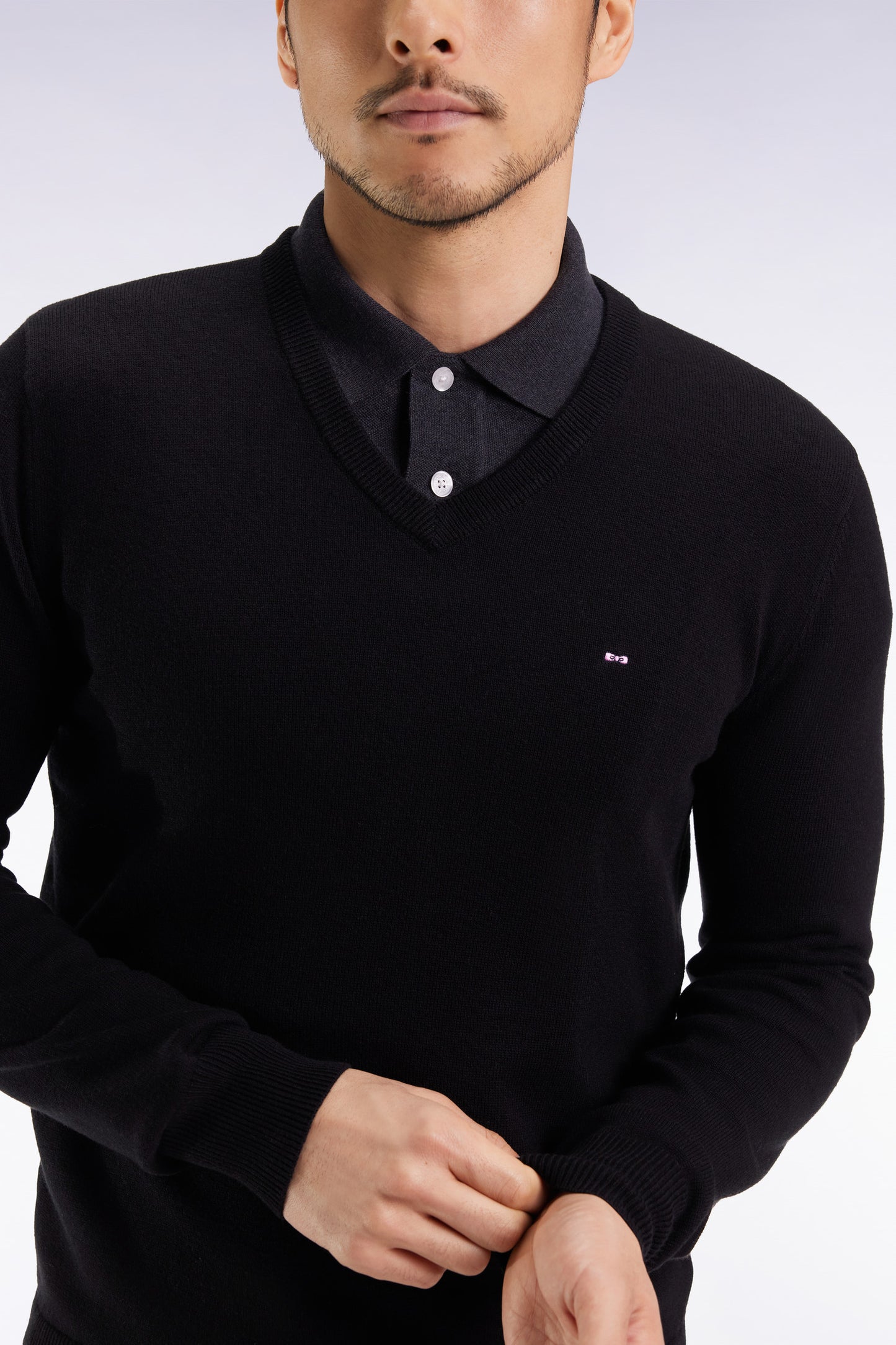 Black wool and cotton V-neck sweater
