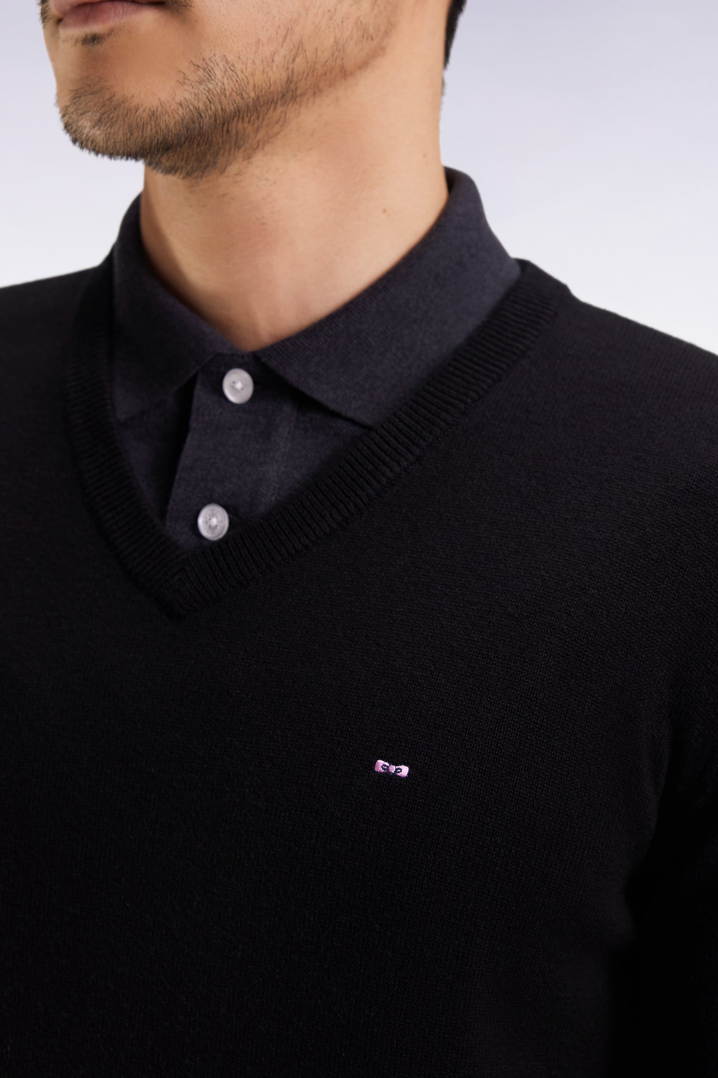 Black wool and cotton V-neck sweater