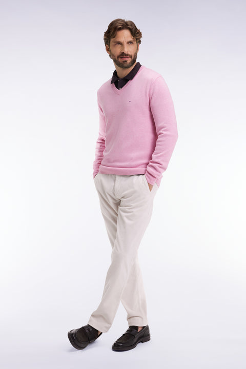 Pull col V en laine et coton rose - Image 1