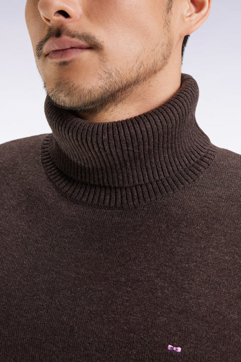 Pull col roulé en laine et coton marron foncé - Image 3