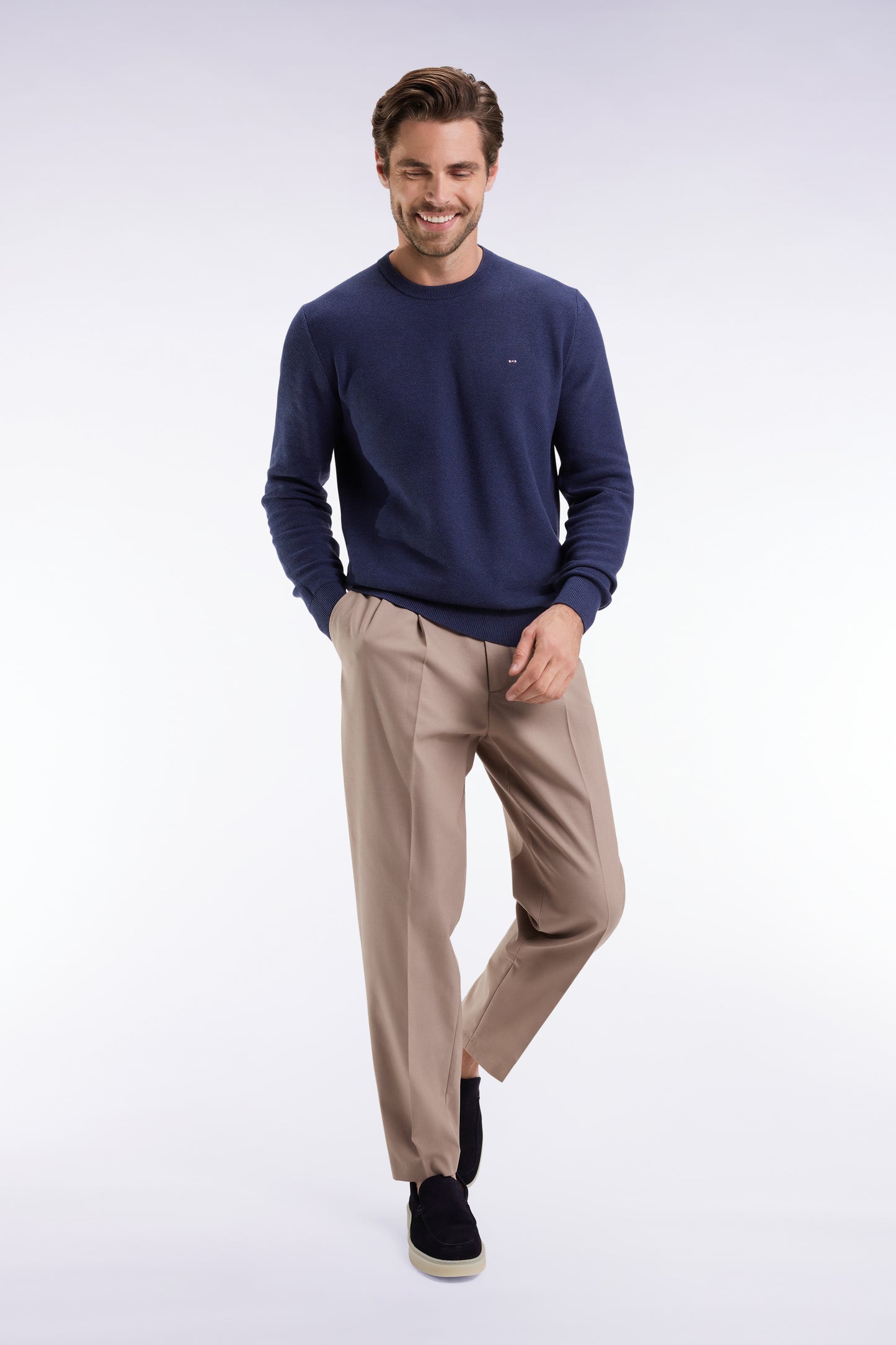 Pull col rond en coton nid d'abeille marine