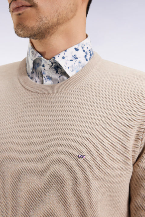 Pull col rond en coton nid d'abeille beige - Image 3