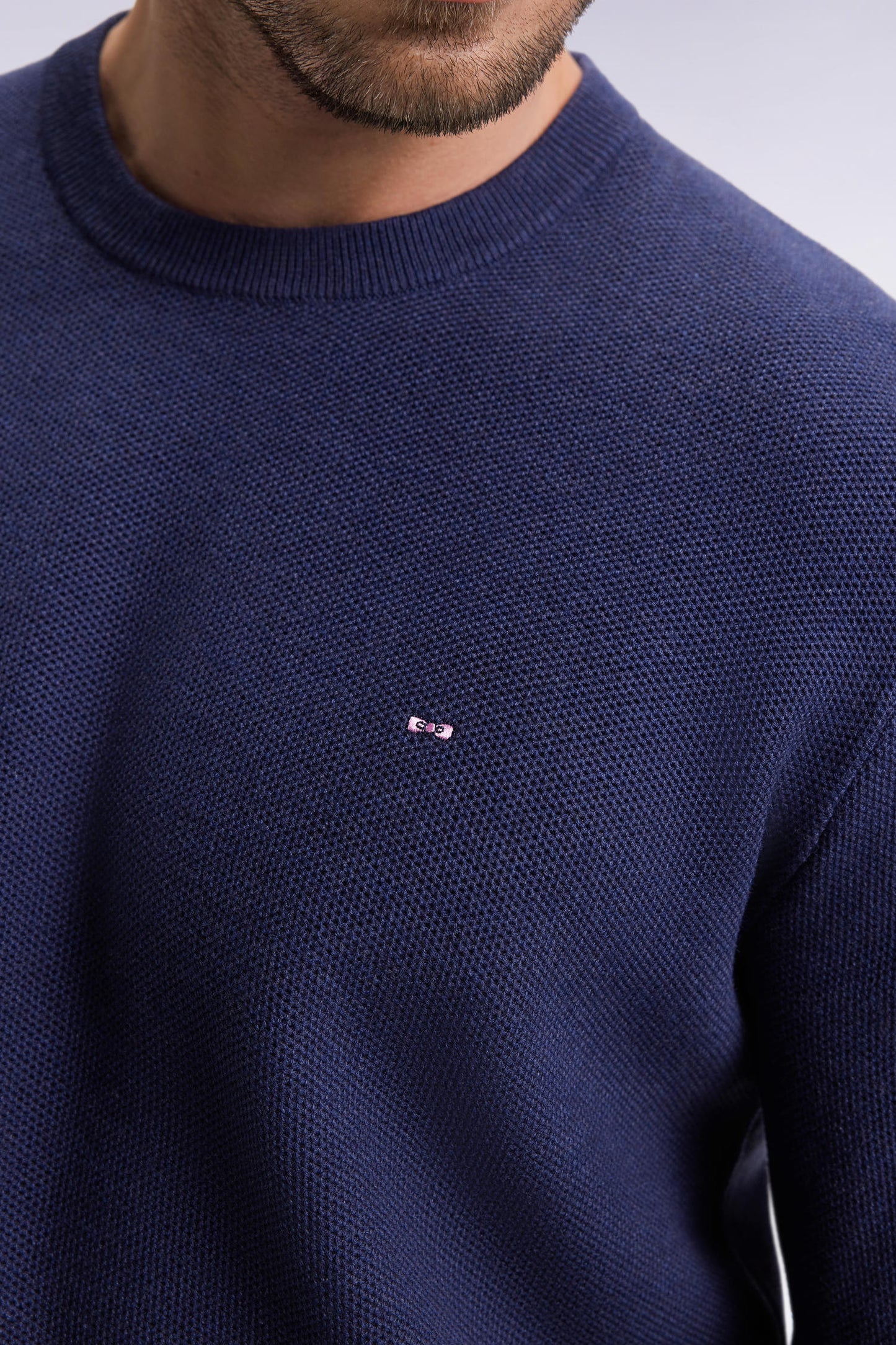Pull col rond en coton nid d'abeille marine