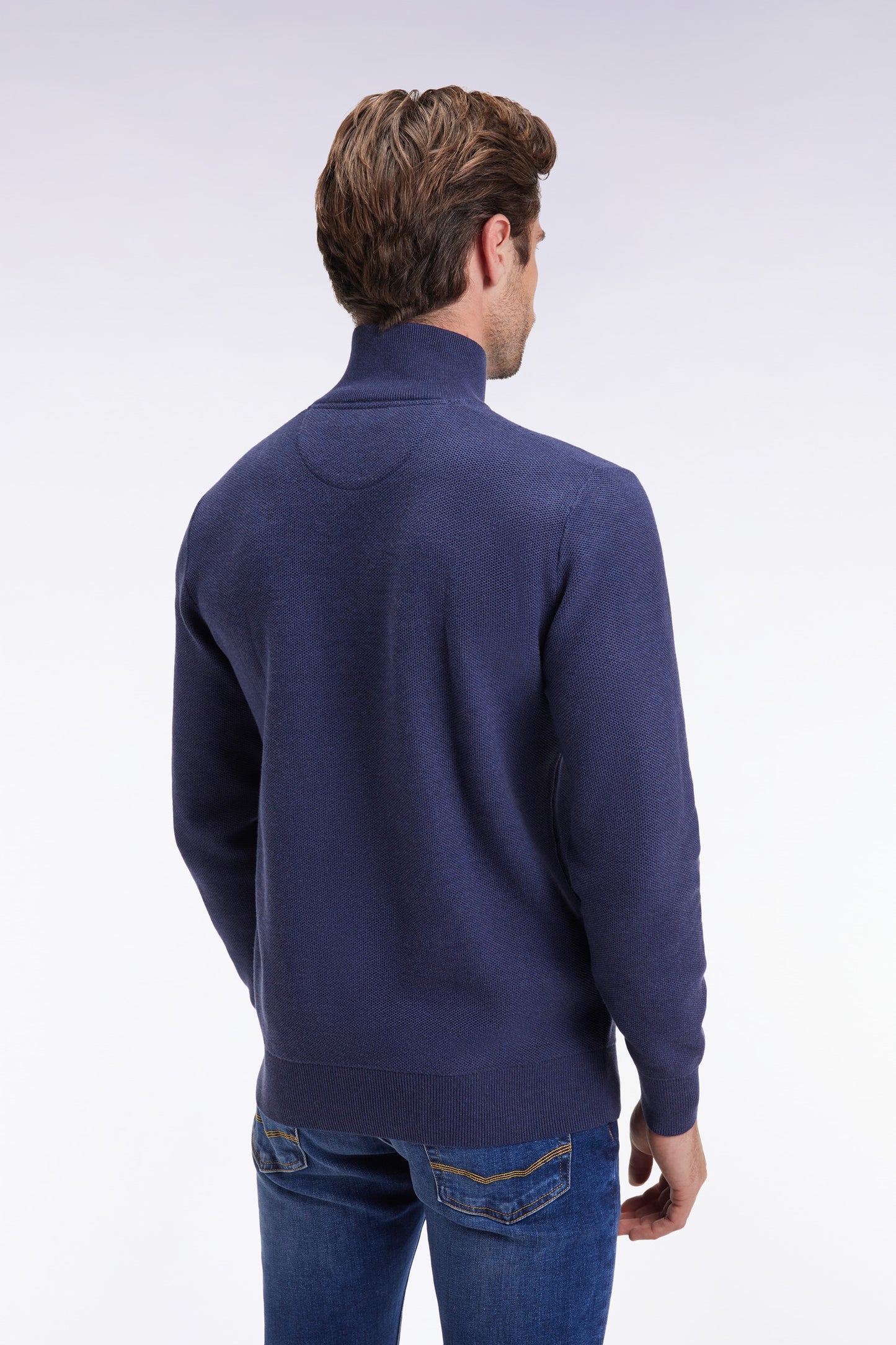 Pull col camionneur en coton nid d'abeille marine