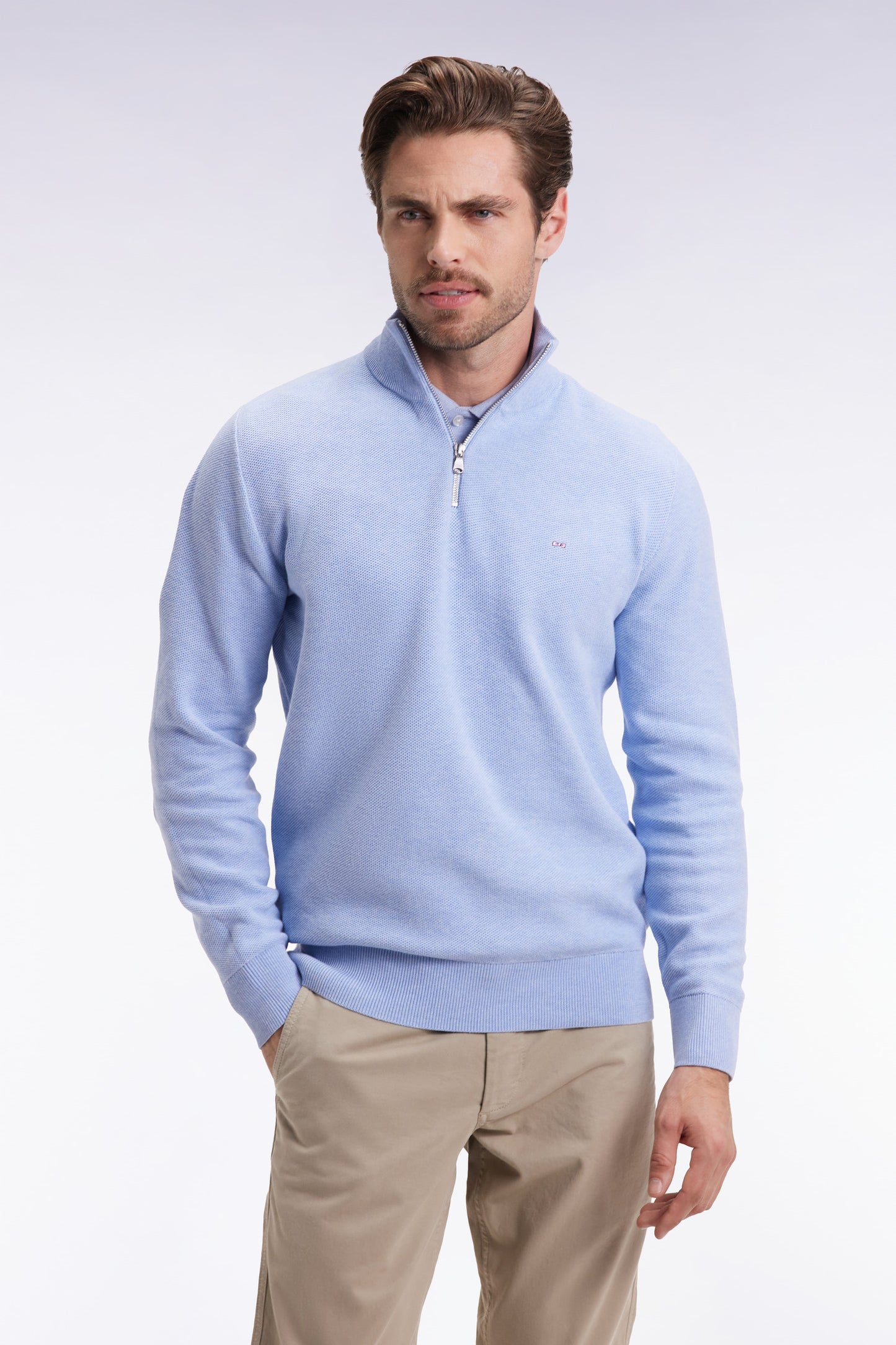 Pull col camionneur en coton nid d'abeille ciel