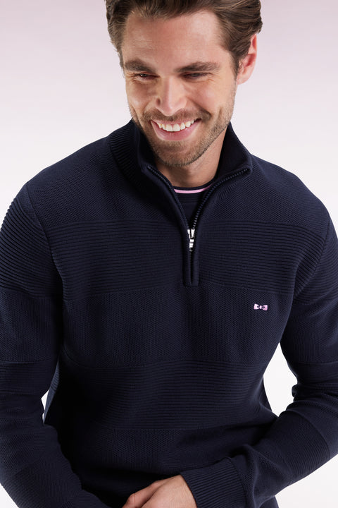 Pull col camionneur en coton marine effet de rayure - Image 3