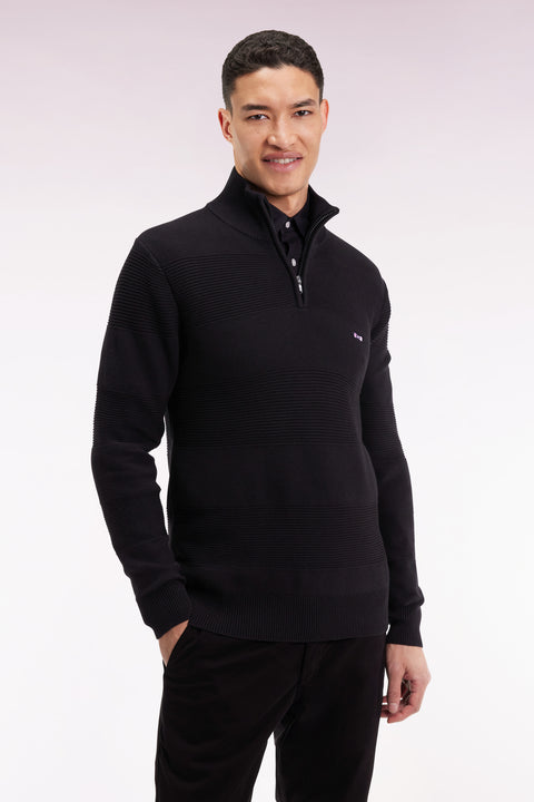 Pull col camionneur en coton noir effet de rayure - Image 1