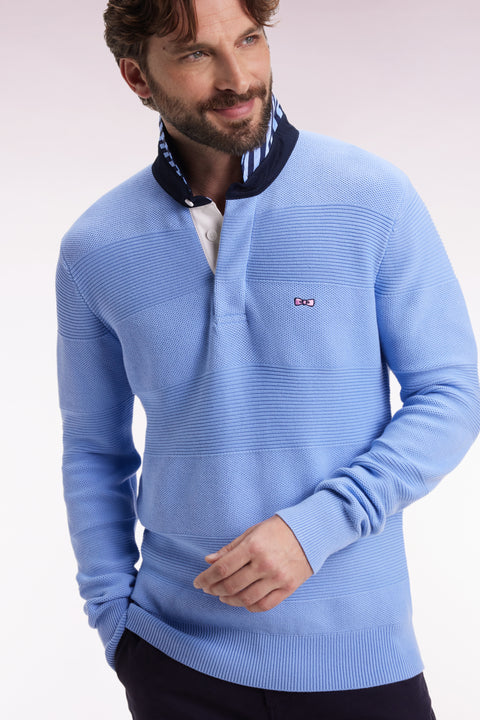 Pull col maillot en coton ciel à effet de rayure - Image 3