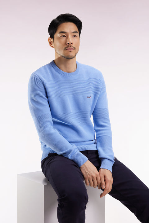 Sky cotton round-neck sweater with stripe effect - Image 3