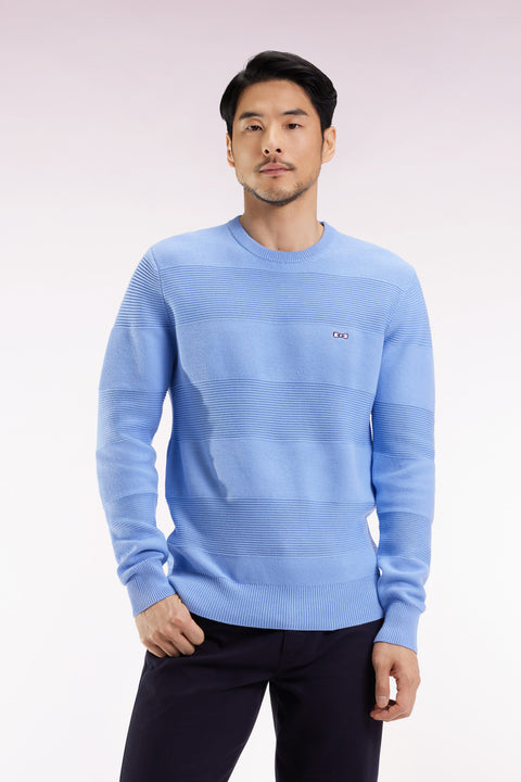 Sky cotton round-neck sweater with stripe effect - Image 1