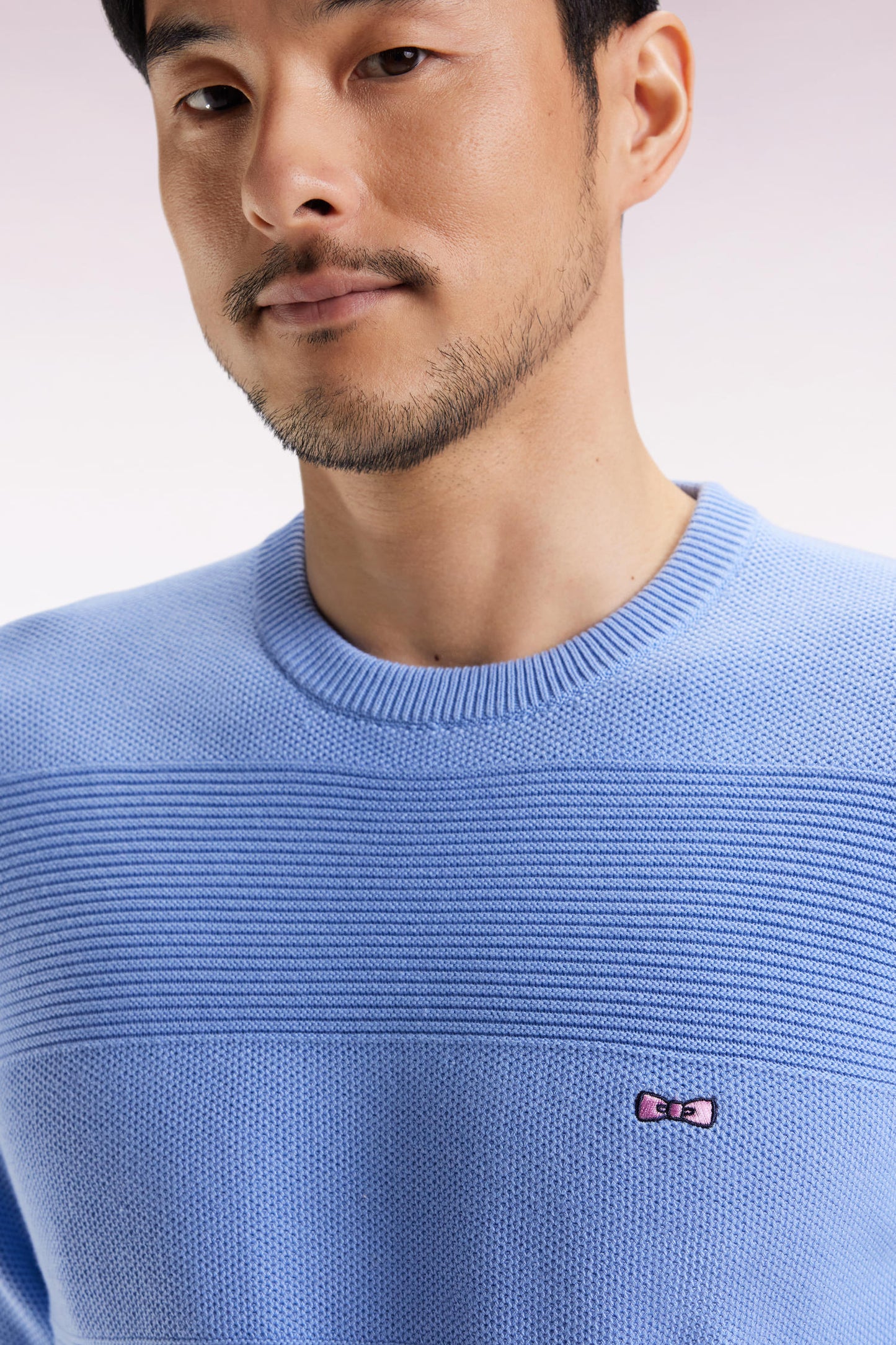 Sky cotton round-neck sweater with stripe effect