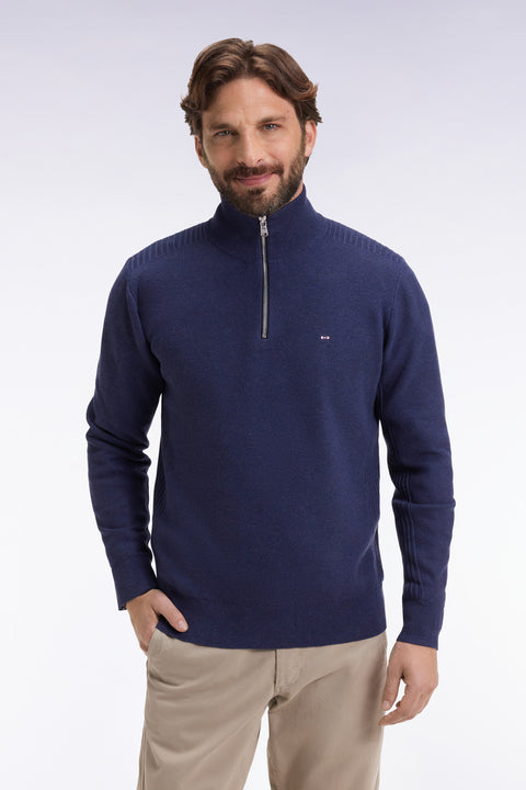Pull col camionneur en coton nid d'abeille marine - Image 1