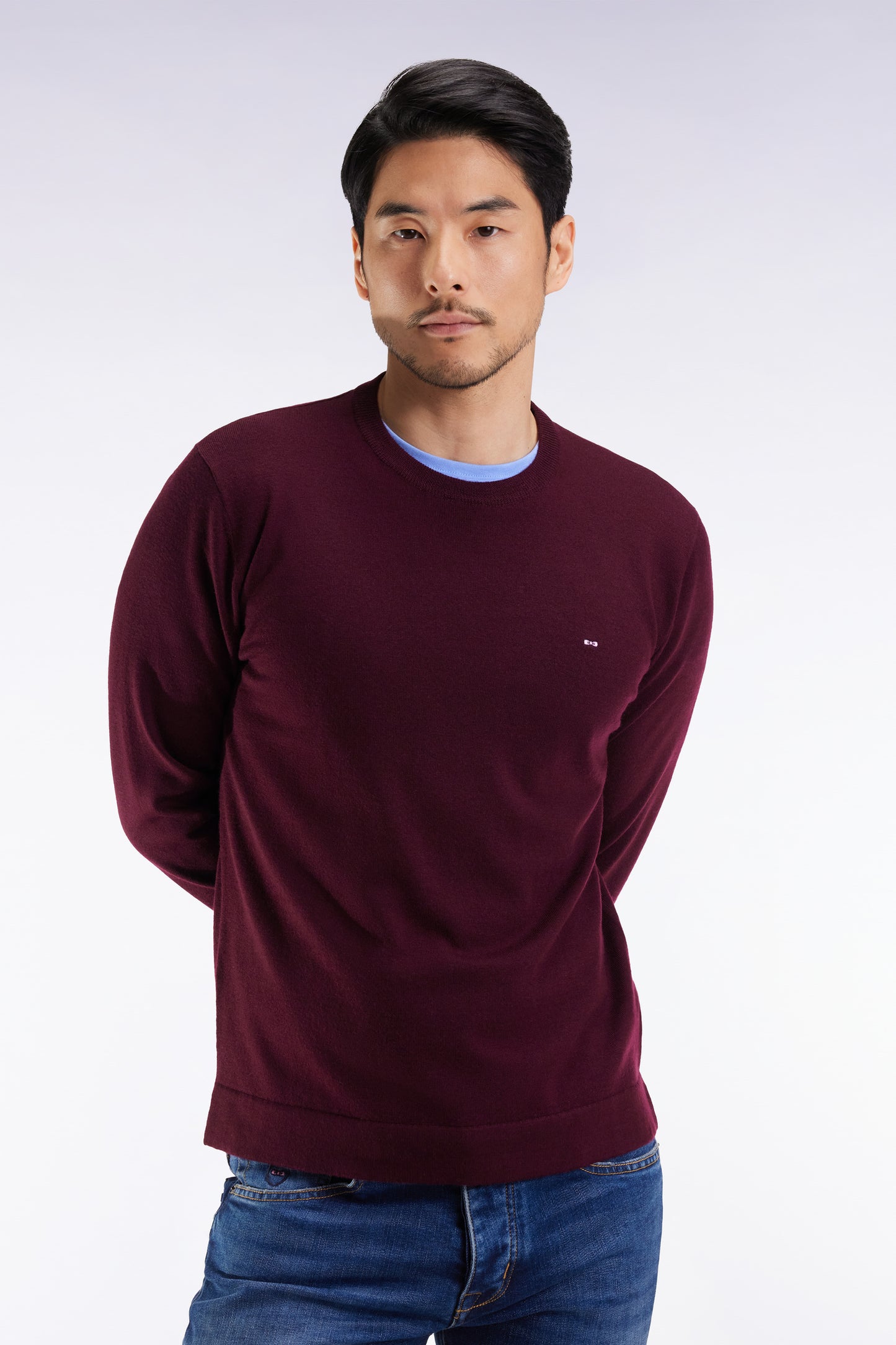 Pull col rond en laine mérinos bordeaux