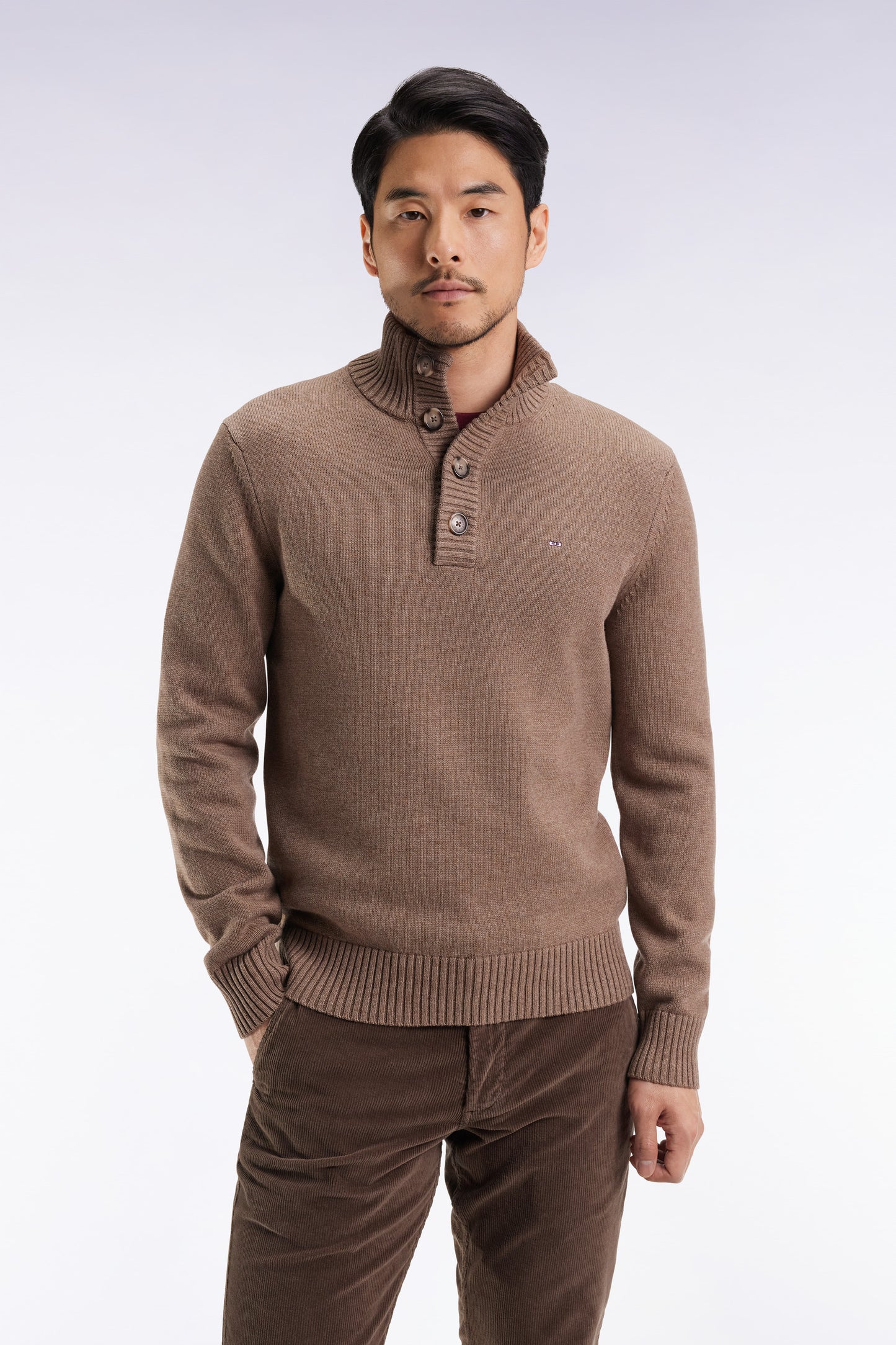 Pull col montant épais en laine et coton marron