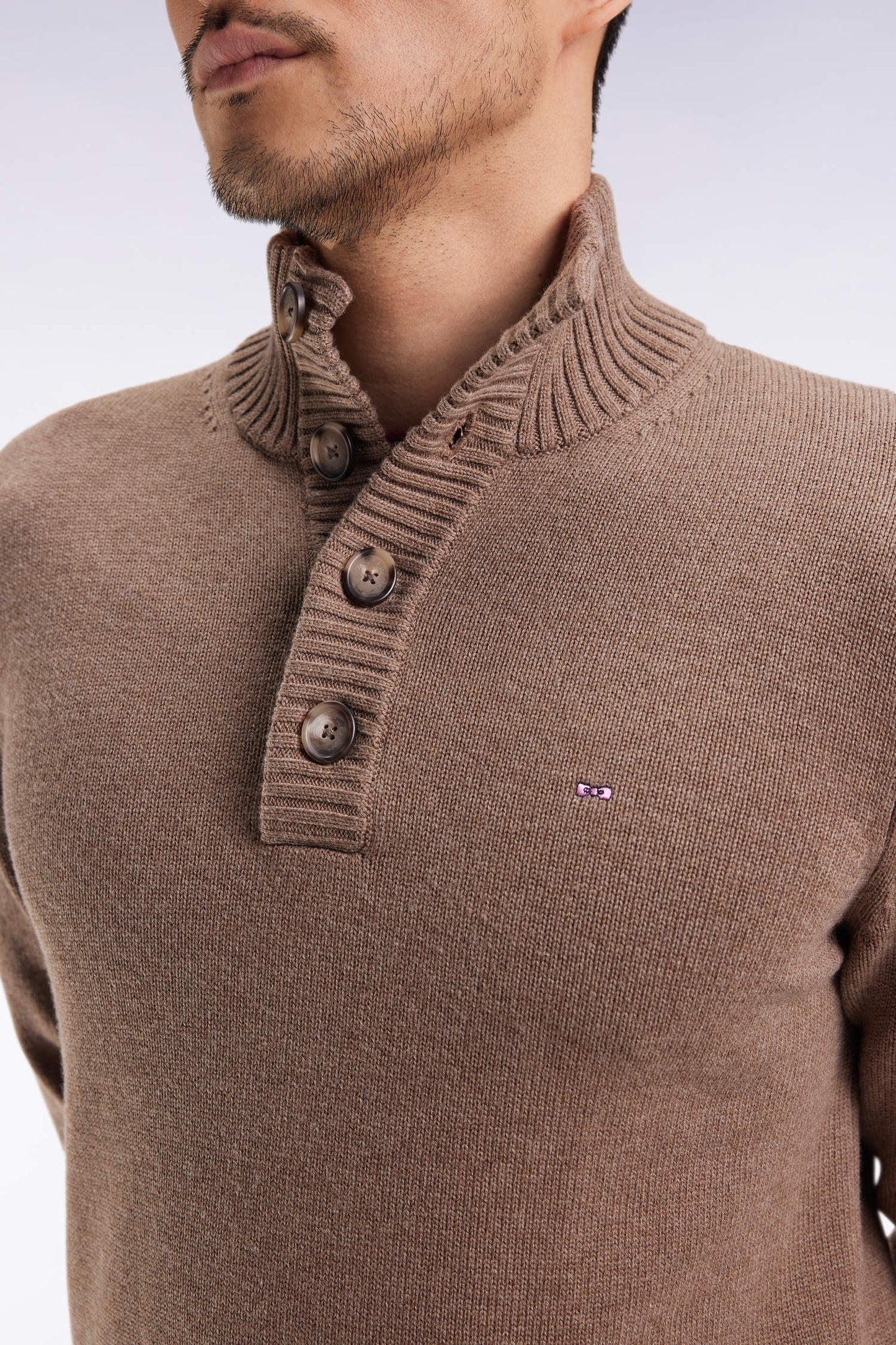 Pull col montant épais en laine et coton marron