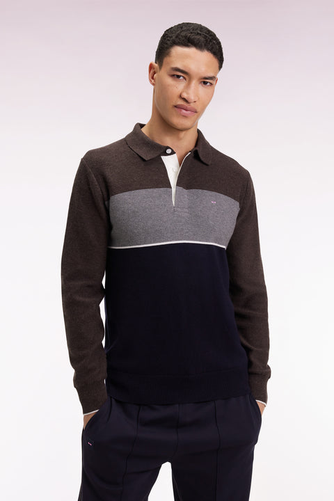 Pull col maillot en laine et coton marine marron et gris - Image 1