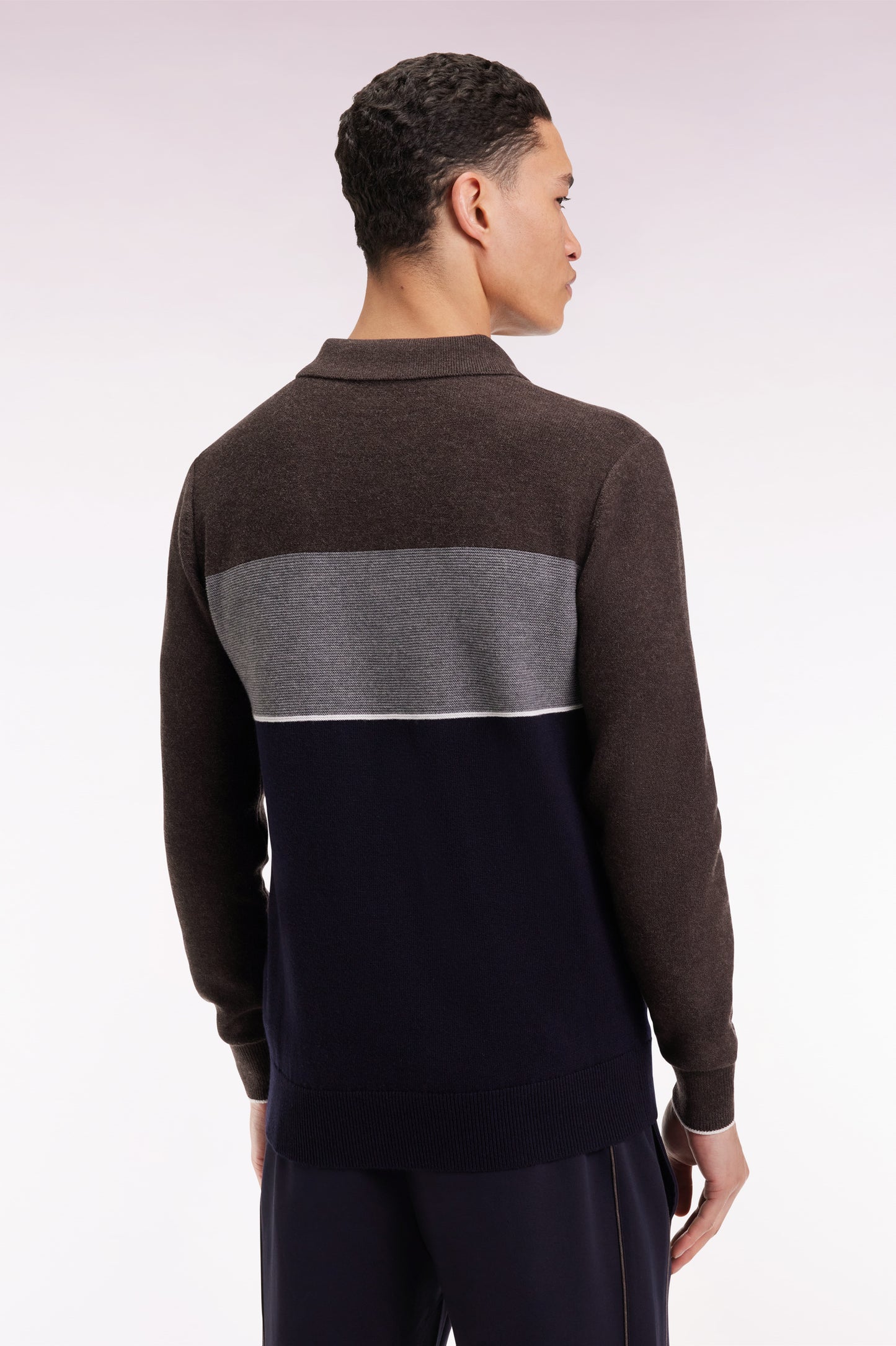 Pull col maillot en laine et coton marine marron et gris