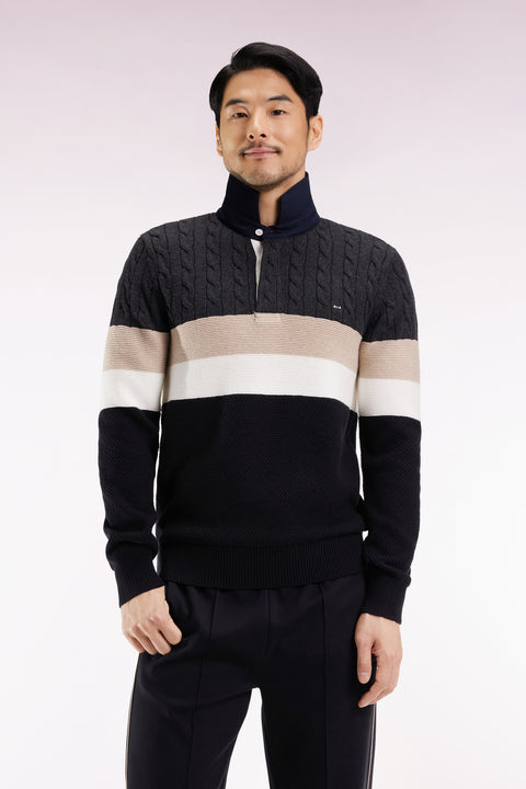 Pull col maillot en laine et coton torsadé noir et gris - Image 1