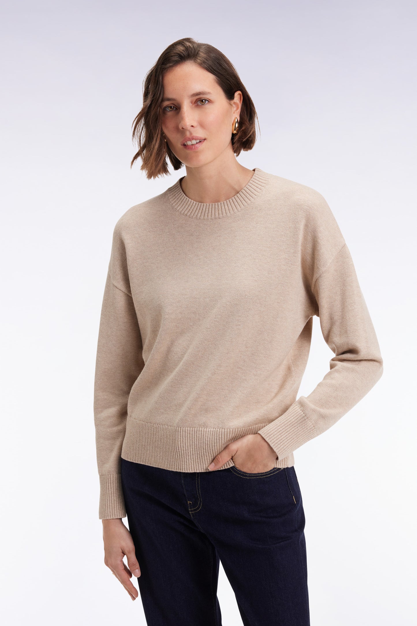 Pull à col rond en laine et coton beige coupe Relaxed