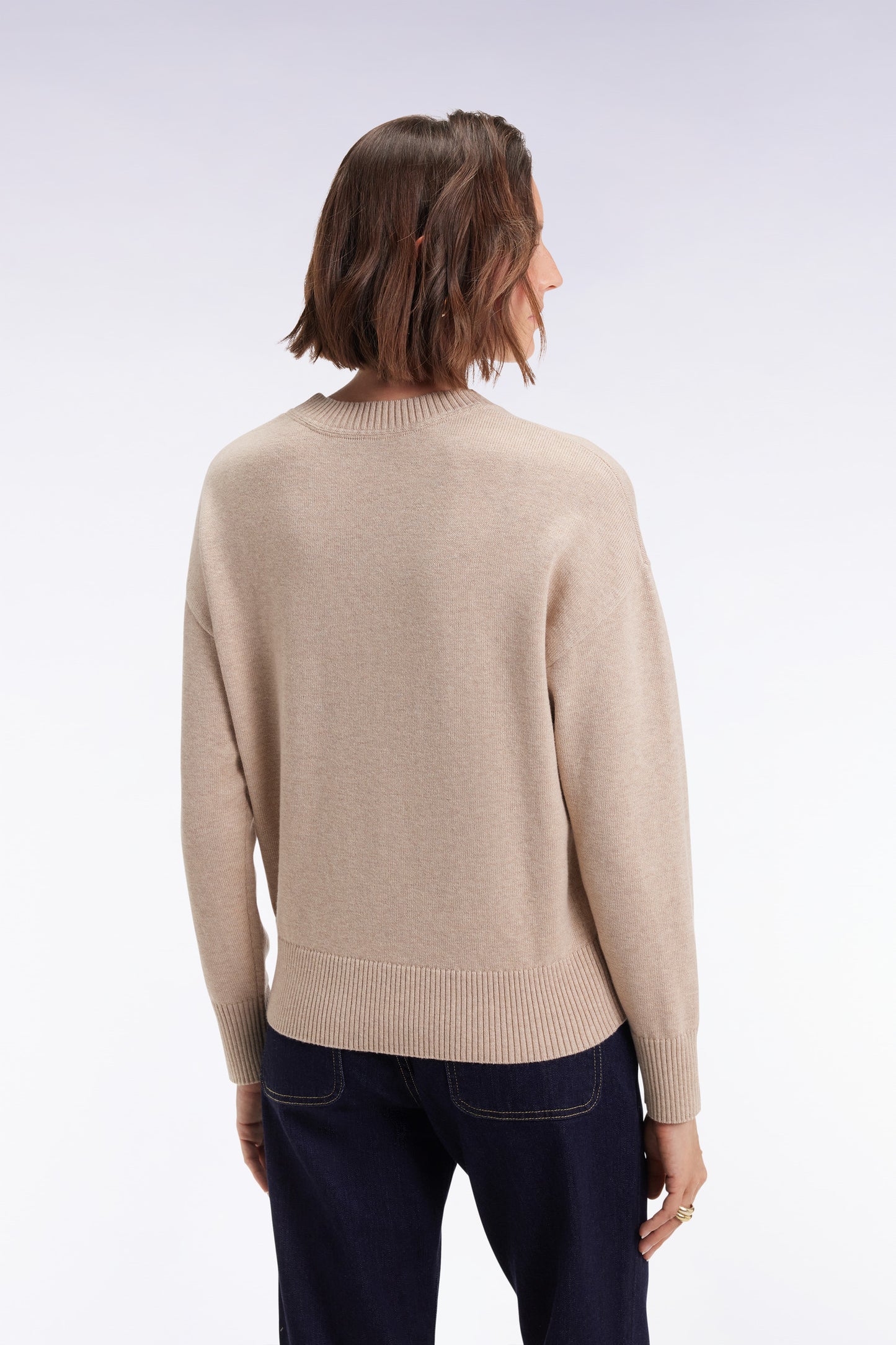 Pull à col rond en laine et coton beige coupe Relaxed