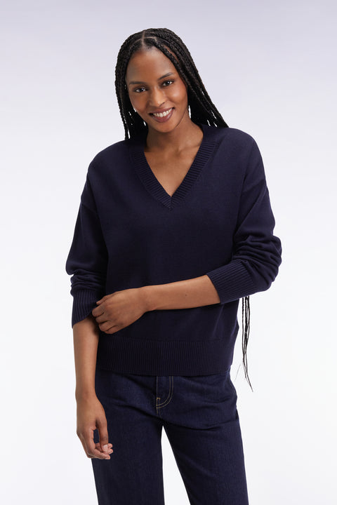Pull à col V en laine et coton marine coupe Relaxed - Image 1