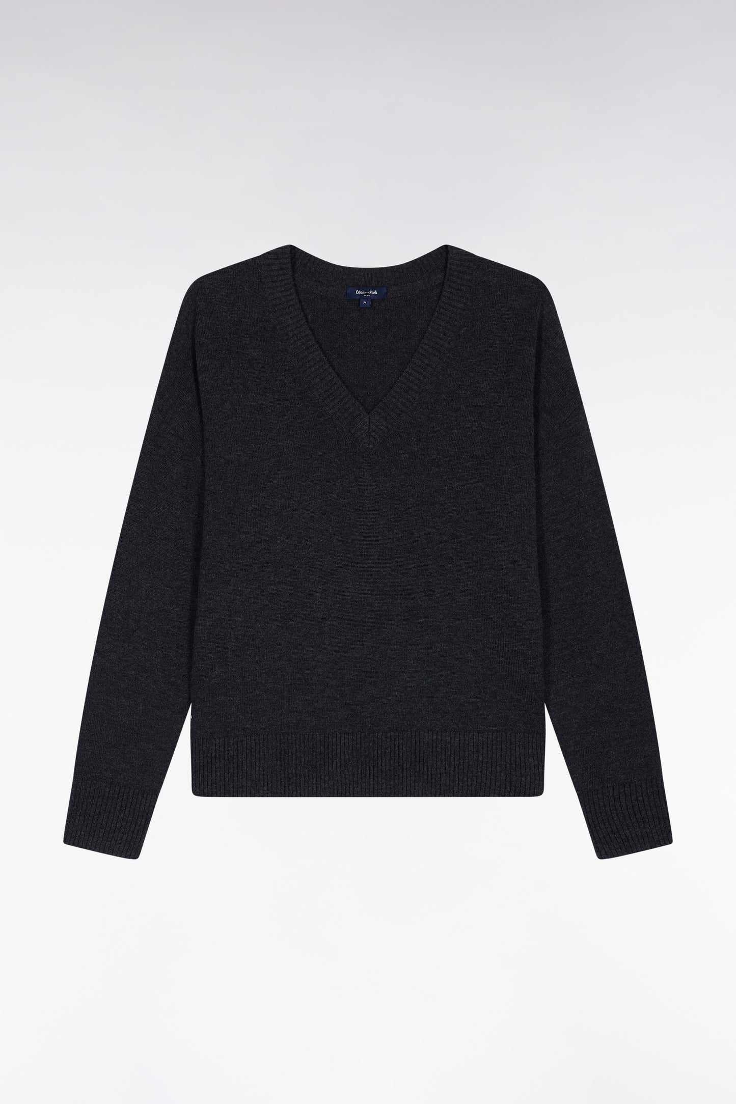 Pull à col V en laine et coton gris coupe Relaxed