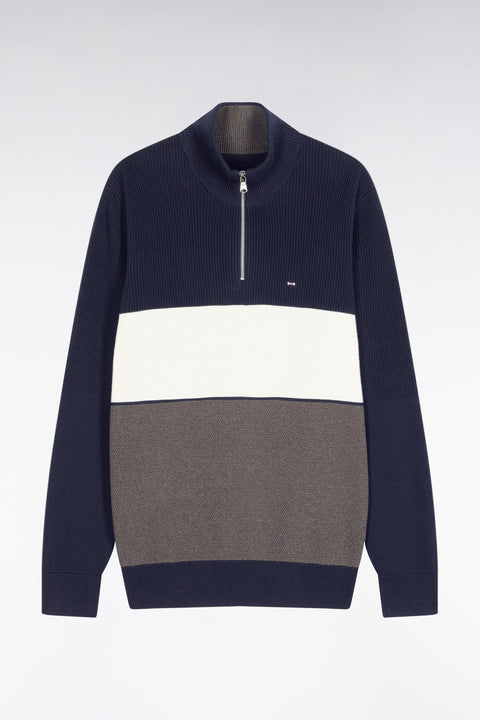 Pull col camionneur en coton marron et marine à effet de rayure - Image 2