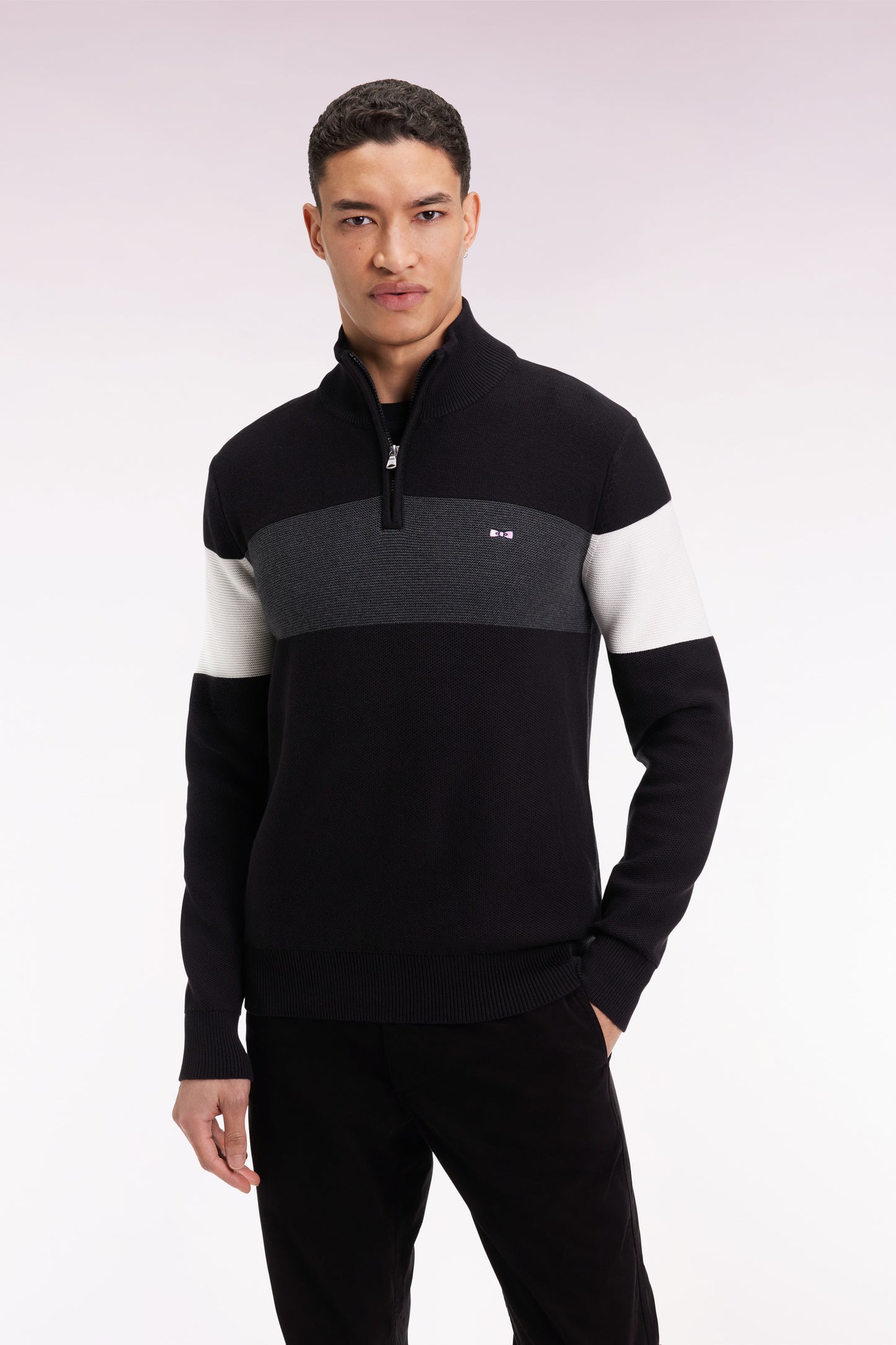 Pull col camionneur en coton noir broderie dos