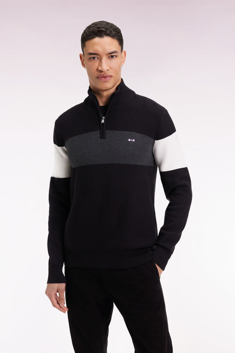 Pull col camionneur en coton noir broderie dos - Image 1