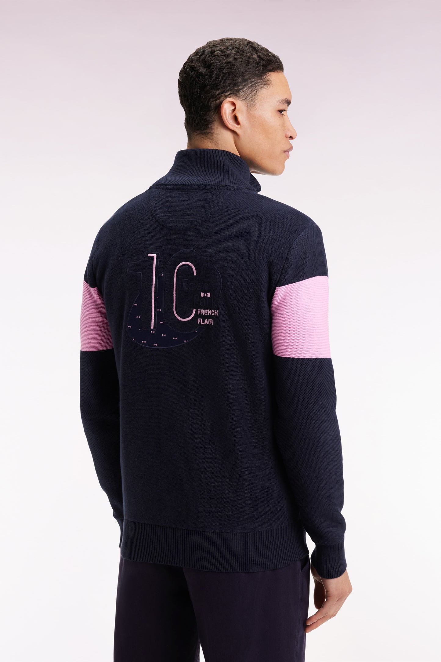 Pull col camionneur en coton marine broderie dos