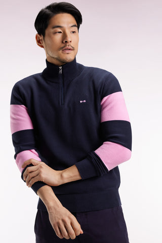 Navy and pink cotton trucker-neck sweater with back embroidery