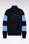 Pull col camionneur en coton marine et ciel broderie dos