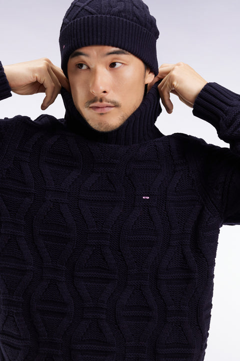 Pull épais à col roulé en laine et coton marine - Image 3