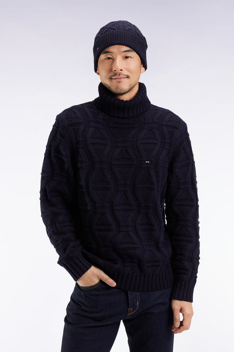 Pull épais à col roulé en laine et coton marine - Image 1