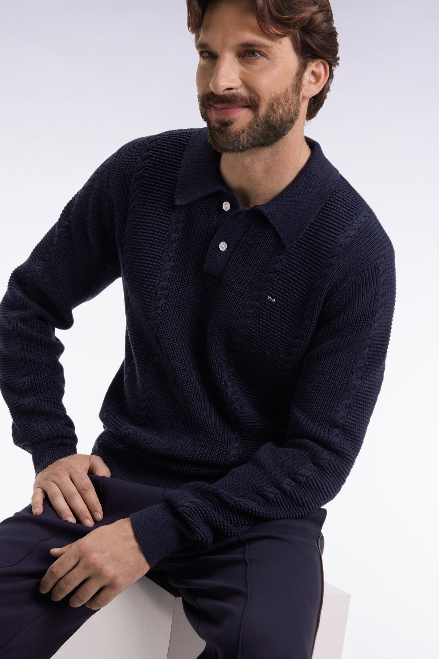 Pull à col polo bleu en coton marine