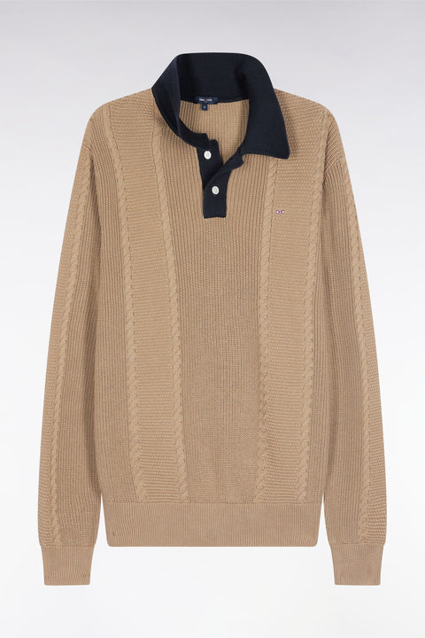 Pull à col polo bleu en coton beige - Image 2