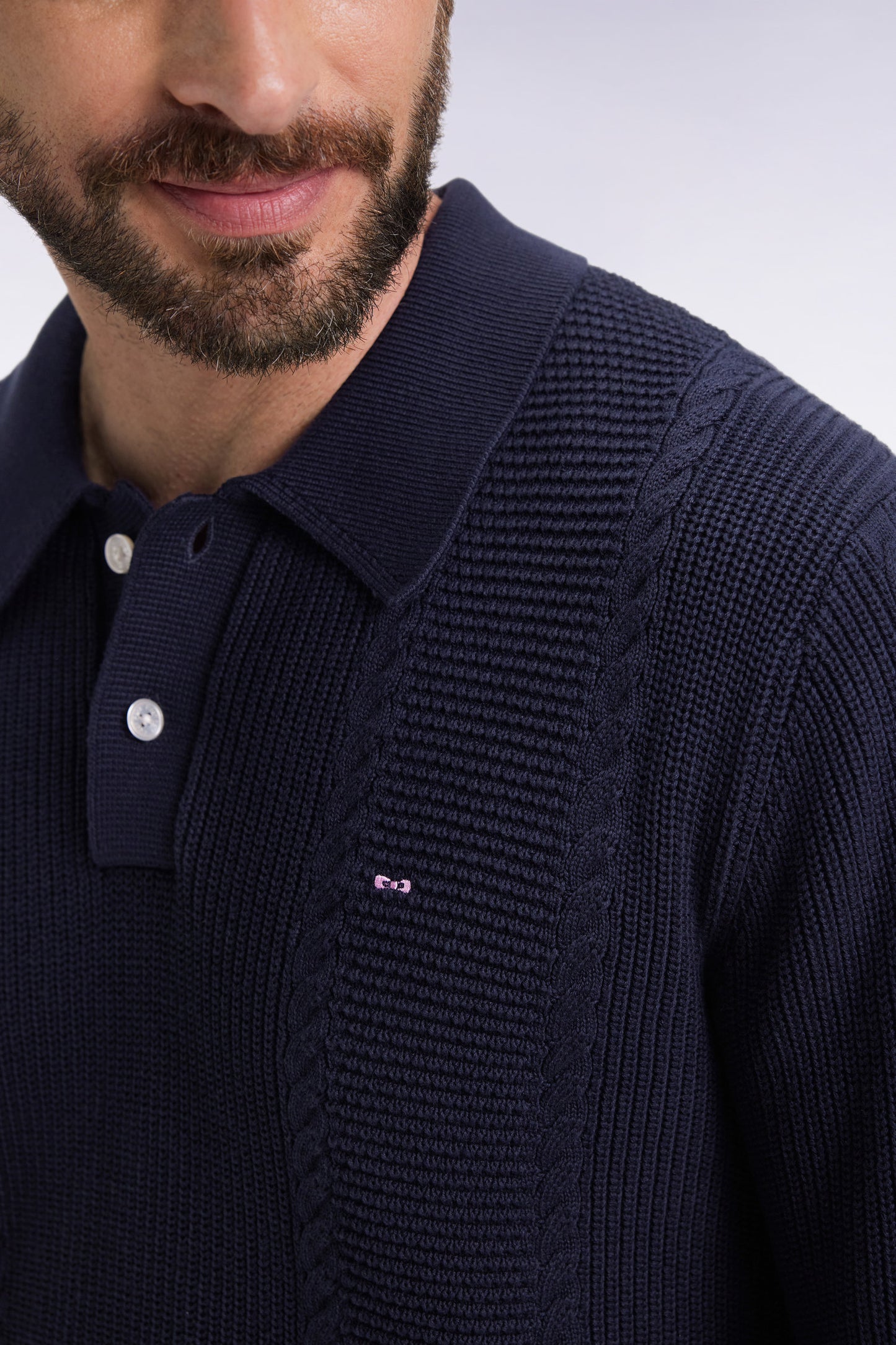 Pull à col polo bleu en coton marine