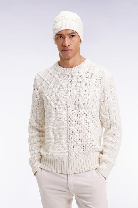 Pull col rond en laine et coton torsadé blanc - Image 1