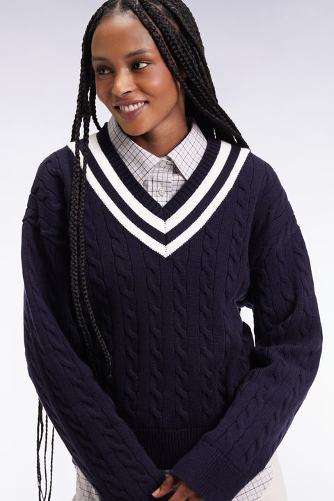 Pull cricket col V en laine et coton marine coupe Oversized - Image 1