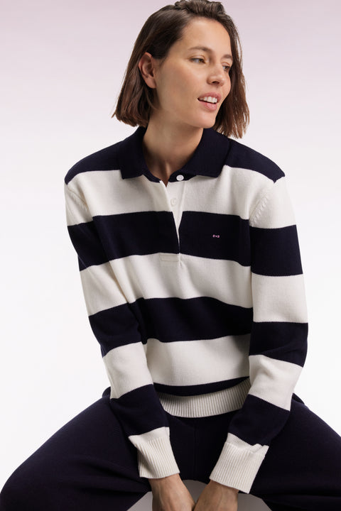 Pull à col maillot en laine et coton à rayures rugby marine et blanc coupe Relaxed - Image 3