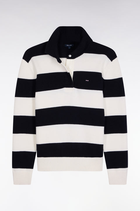 Pull à col maillot en laine et coton à rayures rugby marine et blanc coupe Relaxed - Image 2