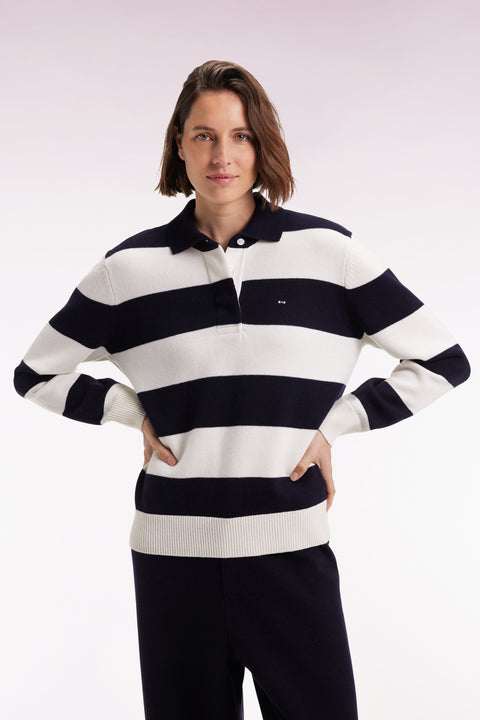 Pull à col maillot en laine et coton à rayures rugby marine et blanc coupe Relaxed - Image 1