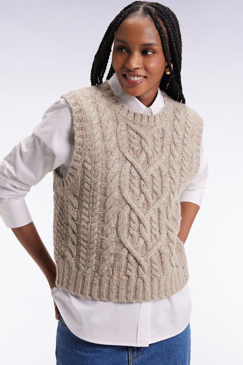 Pull à torsades sans manches en laine vierge mélangée beige coupe Relaxed - Image 3