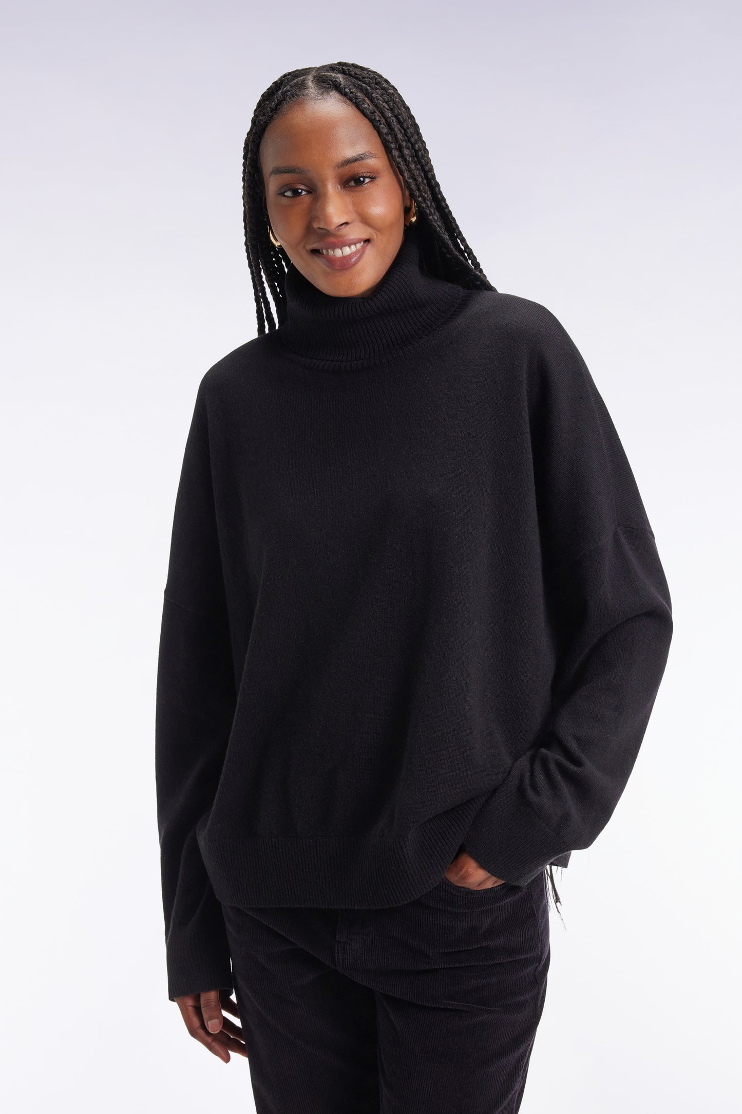 Pull à col roulé en laine et cachemire noir coupe Relaxed