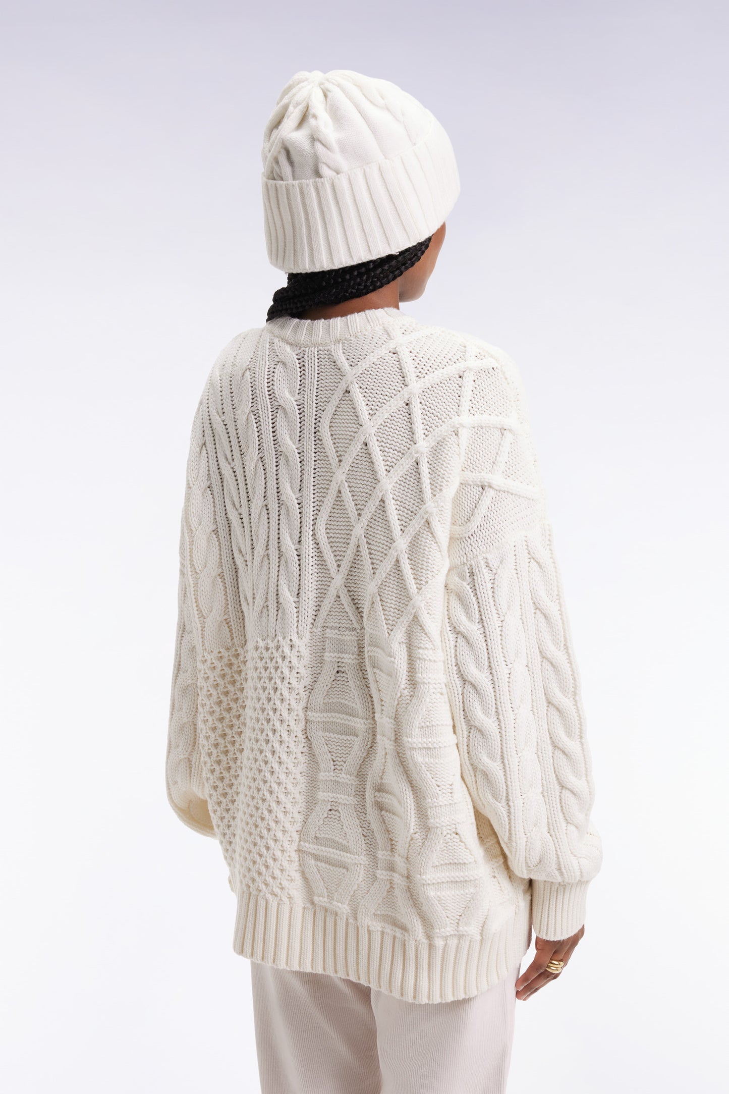 Pull à torsades en laine et coton blanc coupe Oversized