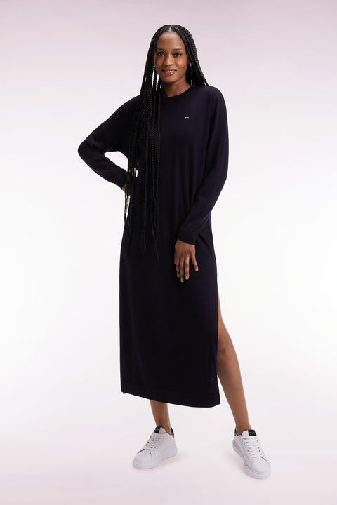 Robe en laine mérinos marine à col rond - Image 1