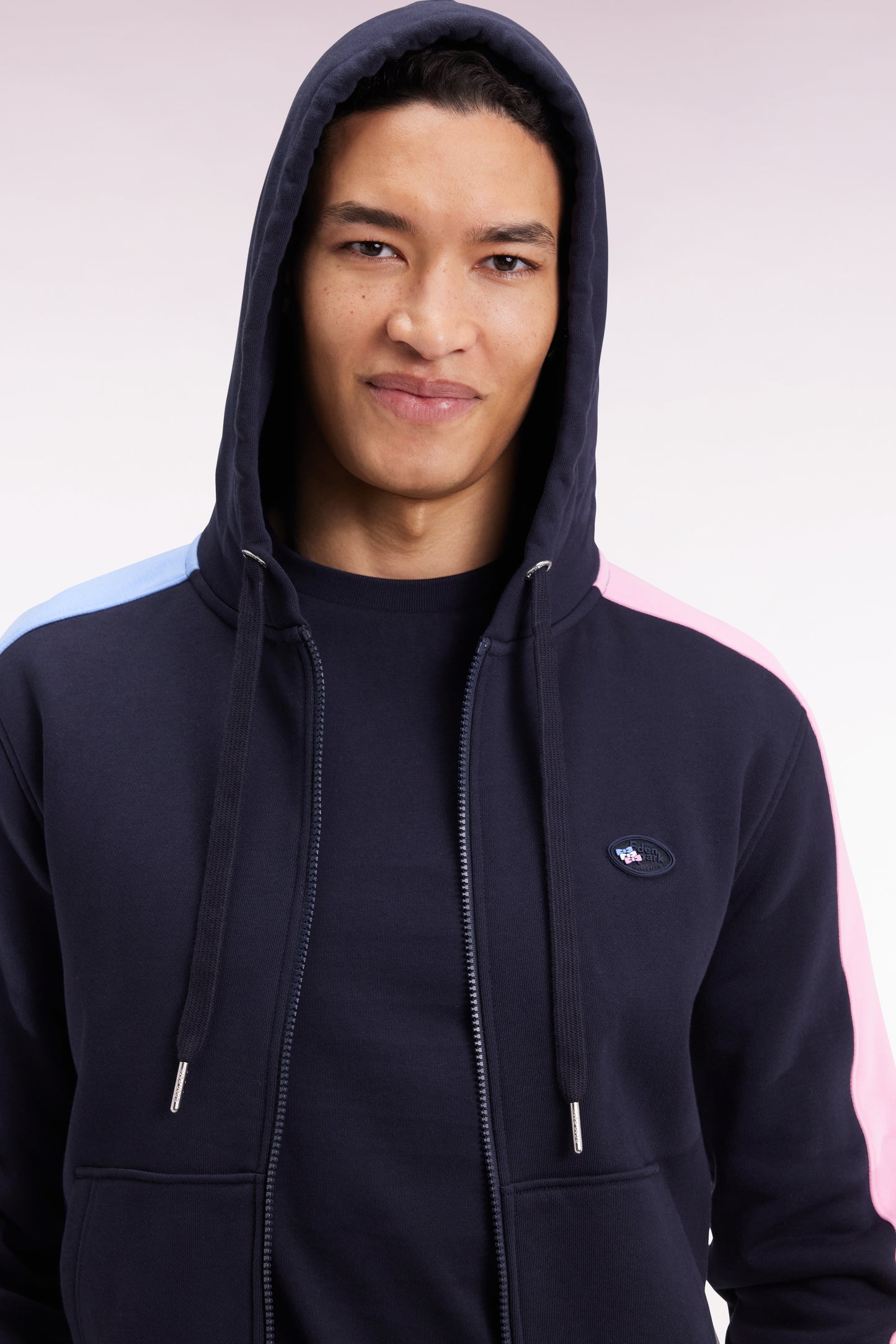 Zip-up hooded sweatshirt in navy fleece